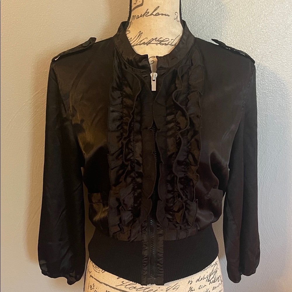 What’s Hot Black Satin Ruffle Bomber Jacket Zip Front XL